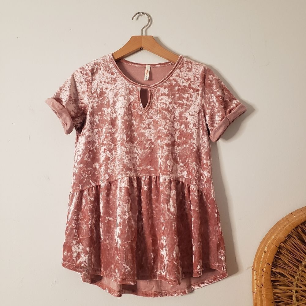 Orange Creek Pink Velour Blouse Rolled Cuffs Keyhole S